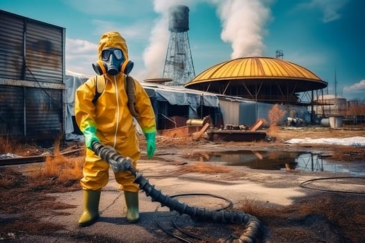 A man in a chemical protection suit against radiation sprays the area. Generative AI. High quality illustration