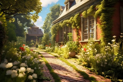Clinker brick path to the house, landscaping. Generative AI. High quality illustration