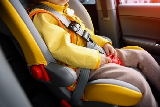 A child wearing a seat belt in a child car seat. Generative AI. High quality illustration