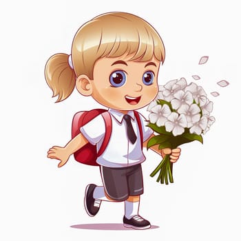 First grader with a bouquet of flowers in her hands. Generative AI. High quality illustration