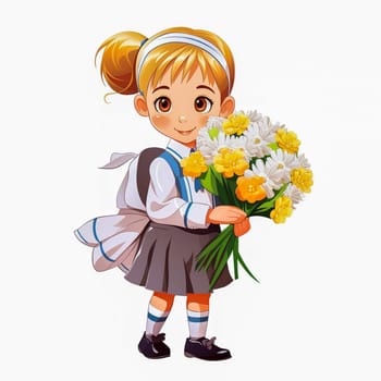 First grader with a bouquet of flowers in her hands. Generative AI. High quality illustration