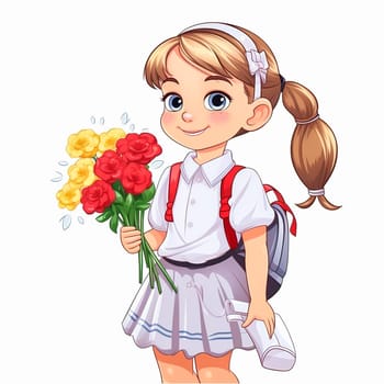 First grader with a bouquet of flowers in her hands. Generative AI. High quality illustration