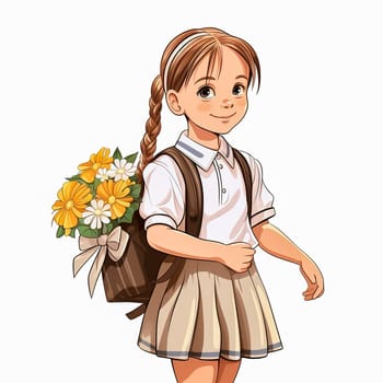 First grader with a bouquet of flowers in her hands. Generative AI. High quality illustration