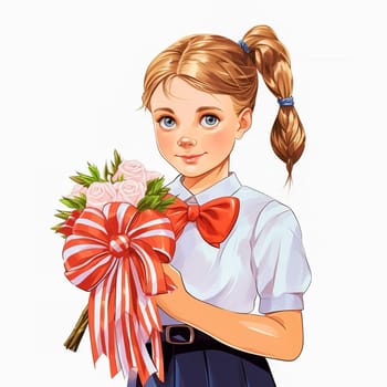 First grader with a bouquet of flowers in her hands. Generative AI. High quality illustration