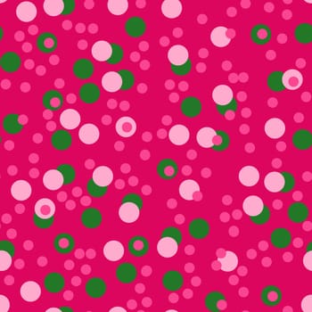 Hand drawn seamless pattern green pink polka dot circles. Modern abstract geometric print with small round circles, colorful bright mid century design, trendy color dapamine textile wallpaper