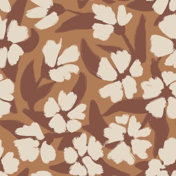 Hand drawn seamless pattern with neutral beige brown shabby chic flower floral elements neutral faded leaves, ditsy summer spring botanical nature print, bloom blossom stylized petals