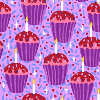 Hand drawn seamless pattern with cupcake pastry bakery baking food. Pastel blue pink purple sweet tasty candy dreamy dessert design, trendy candle birthday party background. Colorful art