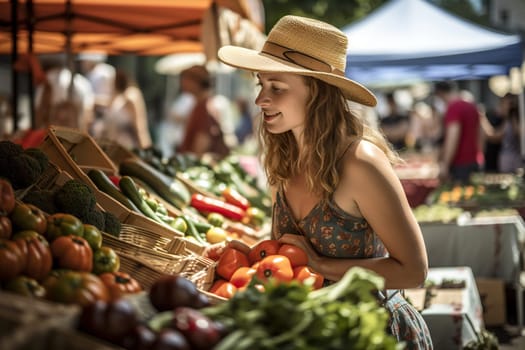 Attractive young girl, buying fresh fruit at the sunday market