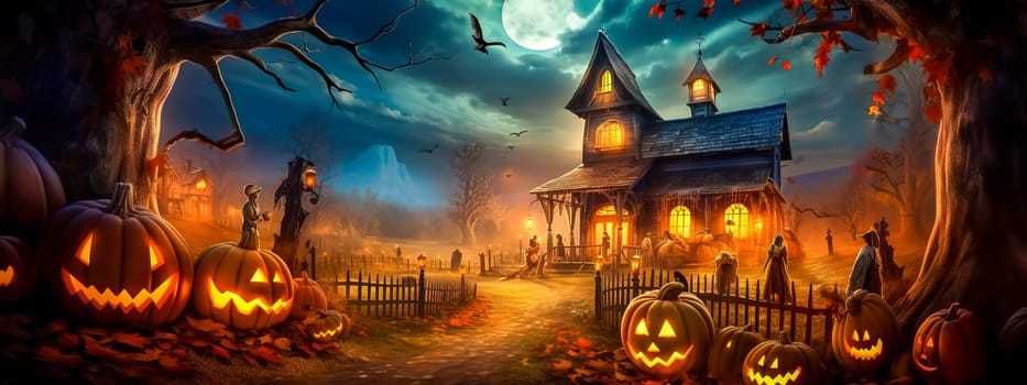 Halloween, carved pumpkins, scary characters and bats in a mysterious dark forest, made with Generative AI. High quality illustration