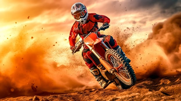 motocross, biker drifting on a dune in the desert, made with Generative AI. High quality illustration