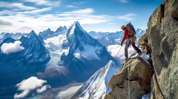 climber on a rock in the mountains, banner with copy space, made with Generative AI. High quality illustration