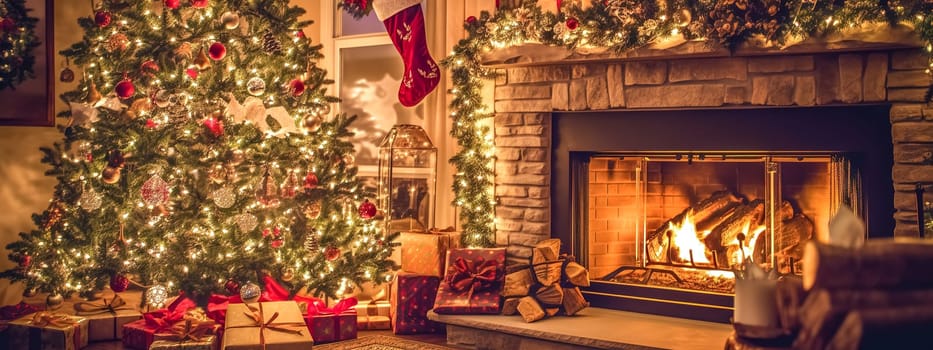 Christmas interior with decorated tree, gifts and fireplace, made with Generative AI. High quality illustration
