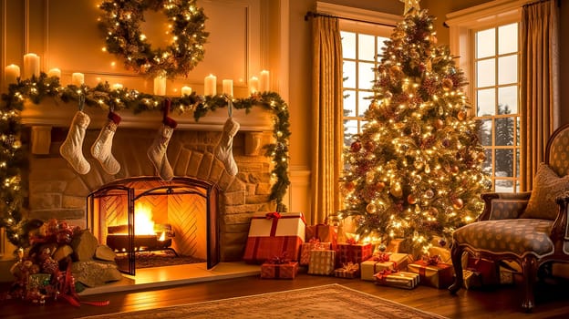 New year interior with decorated tree, gifts and fireplace, made with Generative AI. High quality illustration