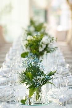 Tables set for an event party or wedding reception.