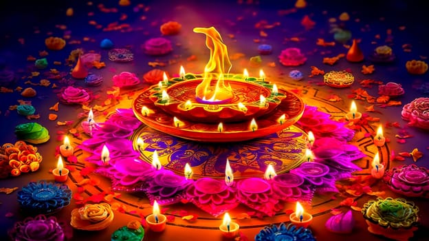religious holiday diwali. burning oil in clay lamps, made with Generative AI. High quality illustration