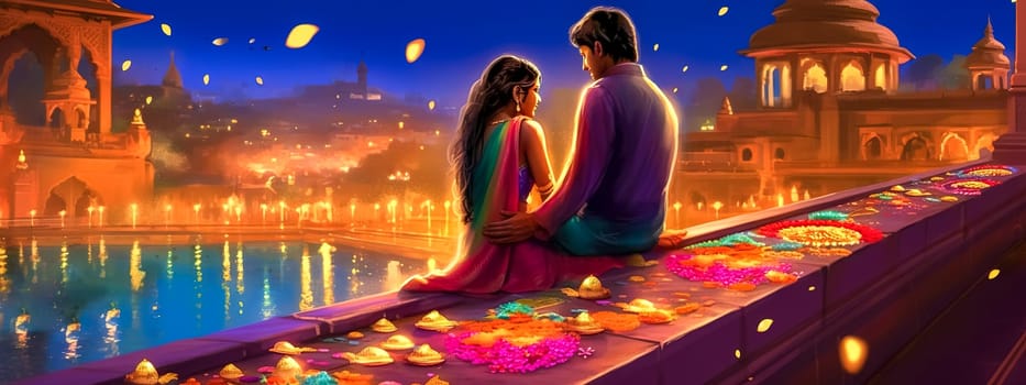 young couple celebrating Diwali holiday on the lake shore in the city, burning oil in clay lamps, made with Generative AI. High quality illustration