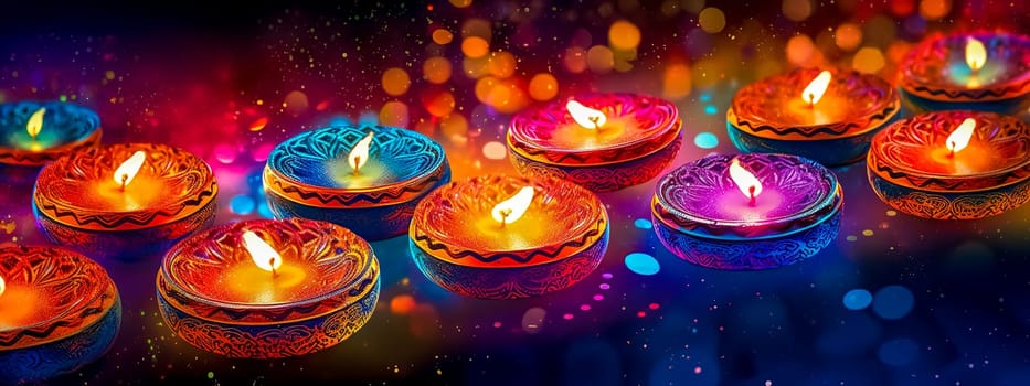 religious holiday diwali. burning oil in clay lamps, made with Generative AI. High quality illustration