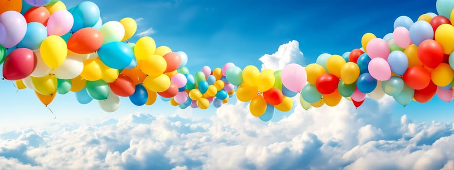colorful balloons filled with helium in the air on a blue sky, copy space, made with Generative AI. High quality illustration