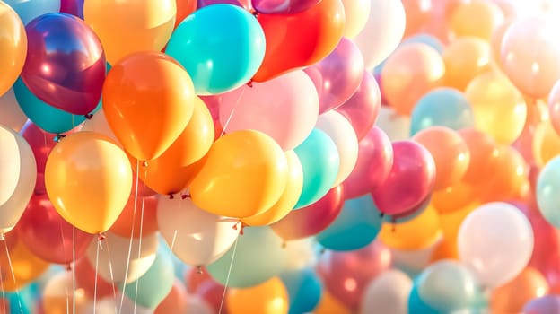 colorful balloons filled with helium in the air on a blue sky, copy space, made with Generative AI. High quality illustration