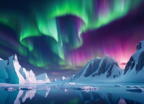 AI generated timeless image of a spectacular Aurora Borealis, Norden Lights, over Antarctica Landscape.