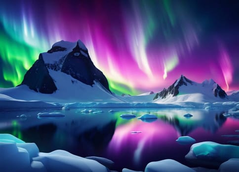 AI generated timeless image of a spectacular Aurora Borealis, Norden Lights, over Antarctica Landscape.