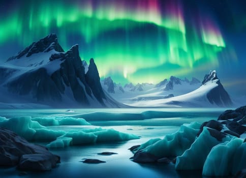 AI generated timeless image of a spectacular Aurora Borealis, Norden Lights, over Antarctica Landscape.