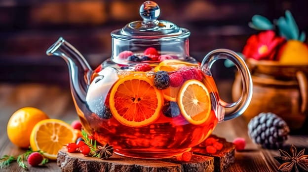 fresh fruit tea in a glass teapot, made with Generative AI. High quality illustration