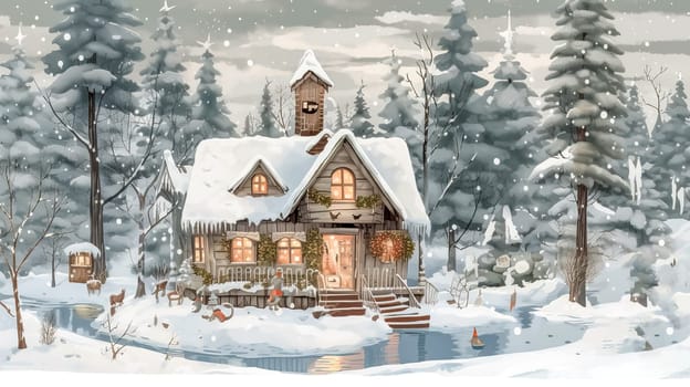wooden log cabin in the winter fairytale forest, Christmas time, made with Generative AI. High quality illustration