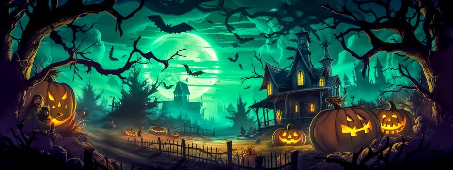 Halloween, carved pumpkins, scary characters and bats in a mysterious dark forest, made with Generative AI. High quality illustration