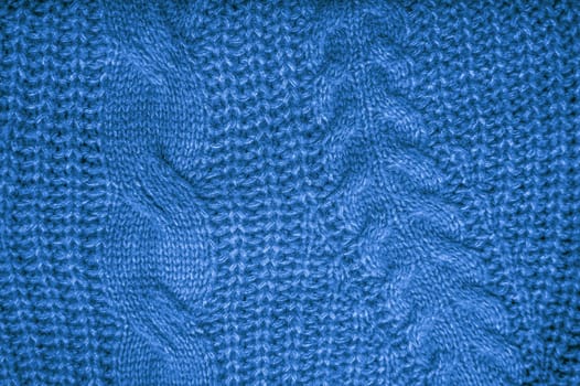 Knitted Blanket. Organic Wool Design. Knitwear Warm Background. Closeup Knitted Blanket. Blue Fiber Thread. Nordic Holiday Yarn. Soft Print Material. Linen Knitted Sweater.