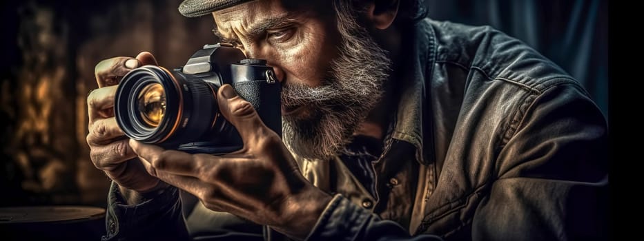 old man photographer with camera in hands, banner made with Generative AI. High quality illustration