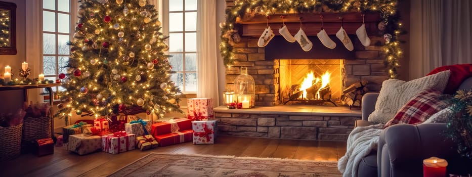 Christmas interior with decorated tree, gifts and fireplace, made with Generative AI. High quality illustration