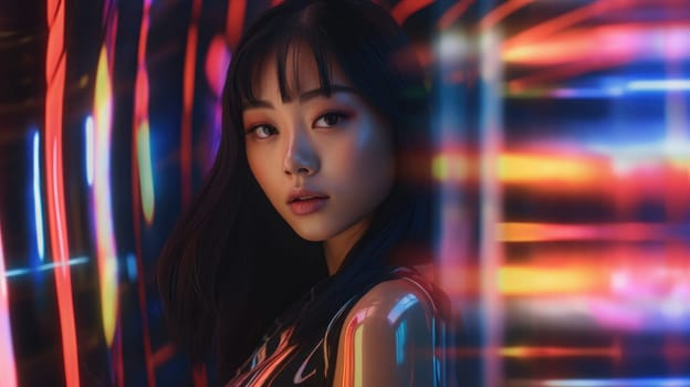 Beautiful model with colorful and trendy outfit with glowing light, fashionable asian glitch core teenager girl. Picturesque generative AI