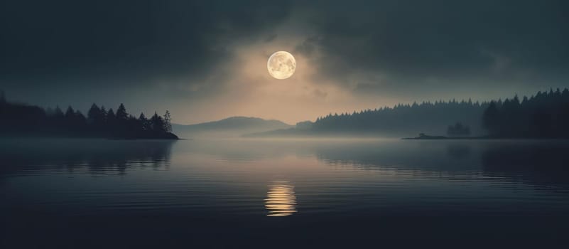 Dramatic landscape. Lesi and the lake against the background of the moon. Cinematic