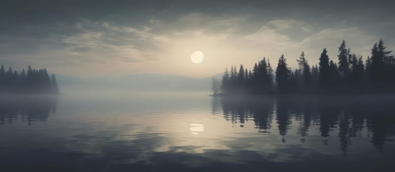 Dramatic landscape. Lesi and the lake against the background of the moon. Cinematic