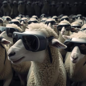 A herd of sheep wearing virtual reality glasses. A vision for the future