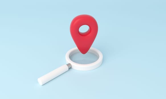 3D Location on Magnifying Glass with pointer sign. 3d rendering.