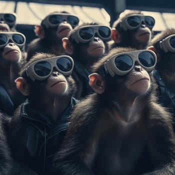 A crowd of monkeys wearing virtual reality glasses. A vision for the future