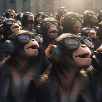 A crowd of monkeys wearing virtual reality glasses. A vision for the future