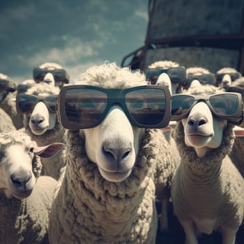 A herd of sheep wearing virtual reality glasses. A vision for the future