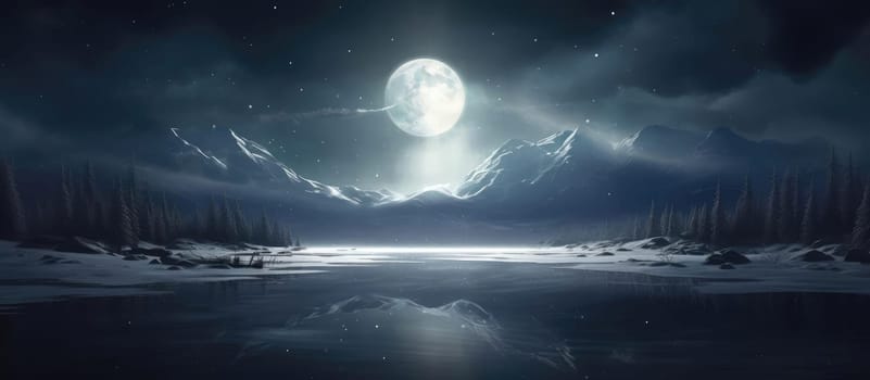 Dramatic landscape. Lesi and the lake against the background of the moon. Cinematic