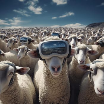 A herd of sheep wearing virtual reality glasses. A vision for the future