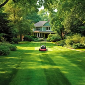 cutting grass with an automatic lawnmower in the garden, made with Generative AI. High quality illustration