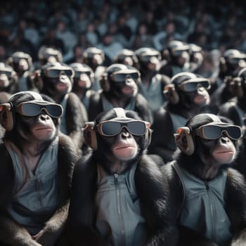 A crowd of monkeys wearing virtual reality glasses. A vision for the future