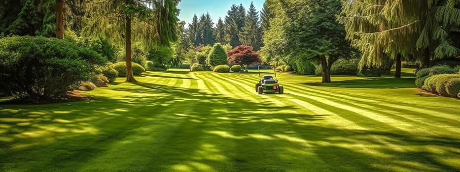 cutting grass with an automatic lawnmower in the garden, made with Generative AI. High quality illustration