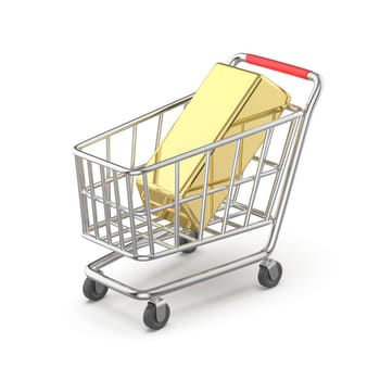 Shopping cart with gold bar on white background