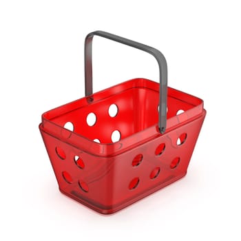 Empty red plastic shopping basket on white background