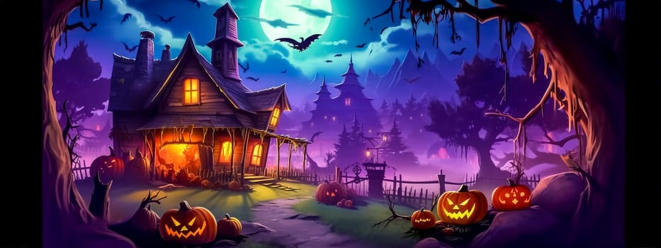 Halloween, carved pumpkins, scary characters and bats in a mysterious dark forest, made with Generative AI. High quality illustration