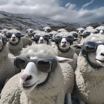 A herd of sheep wearing virtual reality glasses. A vision for the future