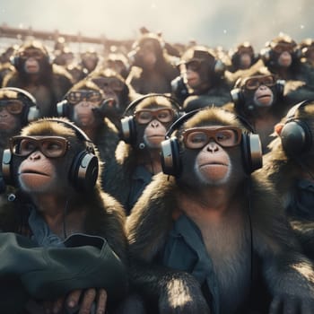 A crowd of monkeys wearing virtual reality glasses. A vision for the future